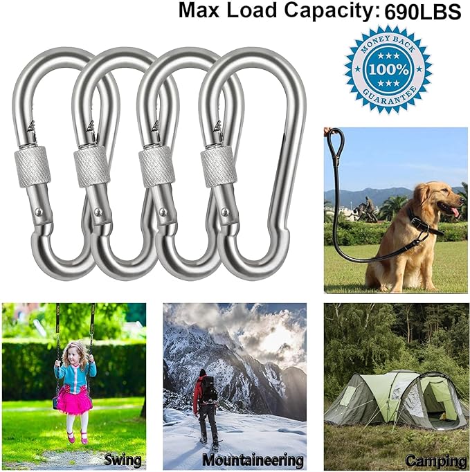 Locking Carabiner Clips, Stainless Steel Spring Snap Hook Locking Carabiner Heavy Duty - 304 Premium Stainless Steel Thumb Screw Carabiner Clip