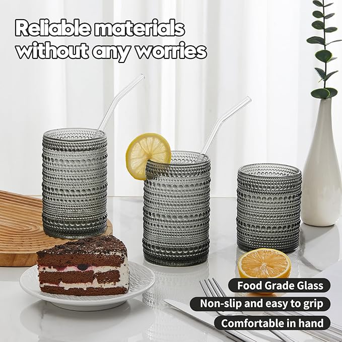HomeVogue Hobnail Drinking Glasses Set of 12, 12oz & 15oz Vintage Glassware Set Cocktail Glass Set, Embossed Gray Water Tumbler,for Beer, Whiskey,Juice and Various Mixed Drinks