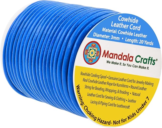 Mandala Crafts Round Genuine Blue Leather Cord for Jewelry Making – 3mm Cowhide Leather Rope String Lace for Kumihimo – 20 Yards Cowhide Craft Cording Spool