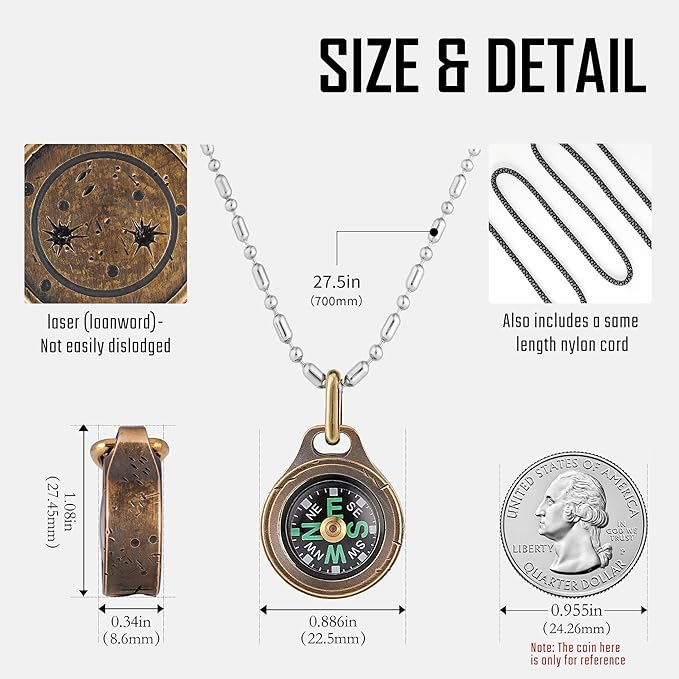 MecArmy Mini Titanium/Brass Compass, Waterproof IPX5 Pocket Compass for Hiking & Survival, Keychain & Necklace Gifts for Men & Women, Ideal Graduation & Outdoor Adventure Present