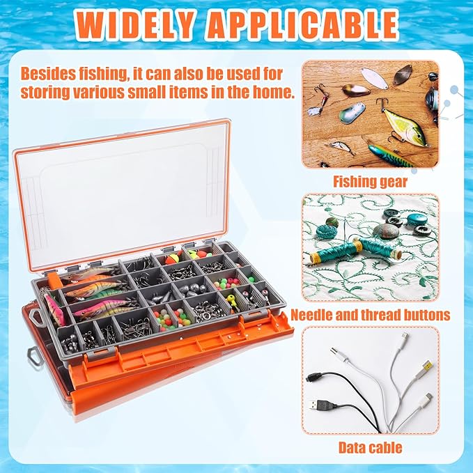 Junkin 6 Pack 3700 Fishing Tackle Boxes Waterproof, Large Orange Lure Organizer Trays with Custom Dividers, Airtight Tackle Storage Case for Saltwater Baits, Swimbaits & Boat Bag Accessories