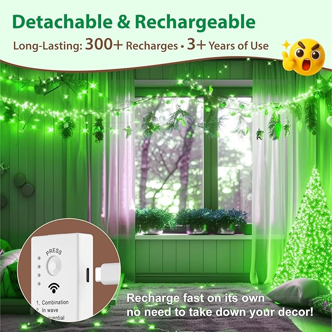HXWEIYE Rechargeable Fairy Lights with Remote & DIY Timer, 33ft 100LED Battery Operated Twinkle String Lights, 8 Modes Decor Light for Bedroom Indoor Wedding Dorm Christmas Tree Party (Green)