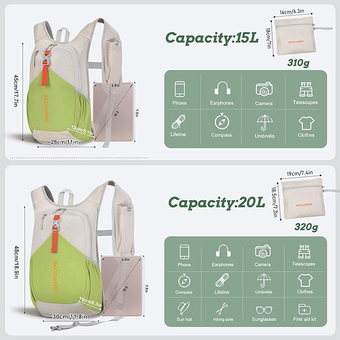 BECOJADDE 15L Small Hiking Backpack for Men Women Foldable Packable Back Pack Ultralight Hiking Daypack for Travel Camping Outdoor, Beige Green