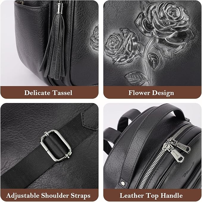Mini Backpack Purse for Women,Embossed Leather Small Backpack Fashion Travel Backpacks Daypacks Shoulder Handbag (BLACK-Flower)