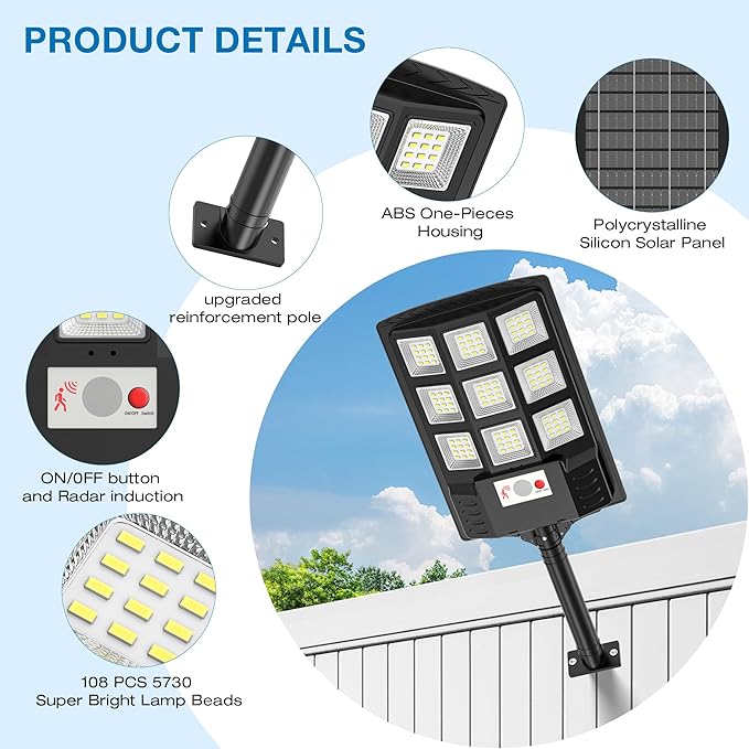 Solar Lights Outdoor,IP66 Waterproof Solar Street Lights Outdoor,6500K LED Dusk to Dawn Security Flood light with Motion Sensor and Remote Control for Yard,Parking Lot, Courtyards,Garages 4-Pack