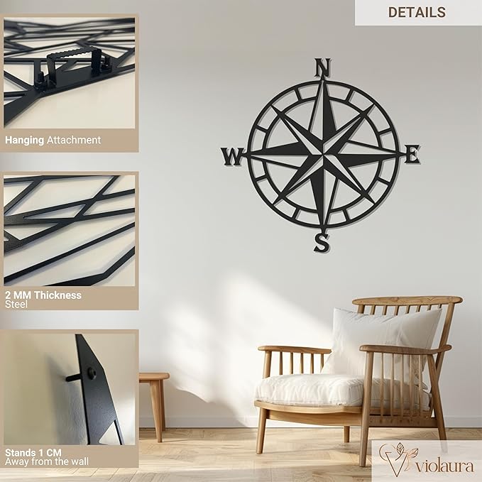 Violaura Compass Rose Metal Wall Art - Easy to Install Hanging Nautical, Directional, Adventure, Navigation, Compass Point, Explorers, Maritime, Wanderlust, Living Room Decor (24" x 24")