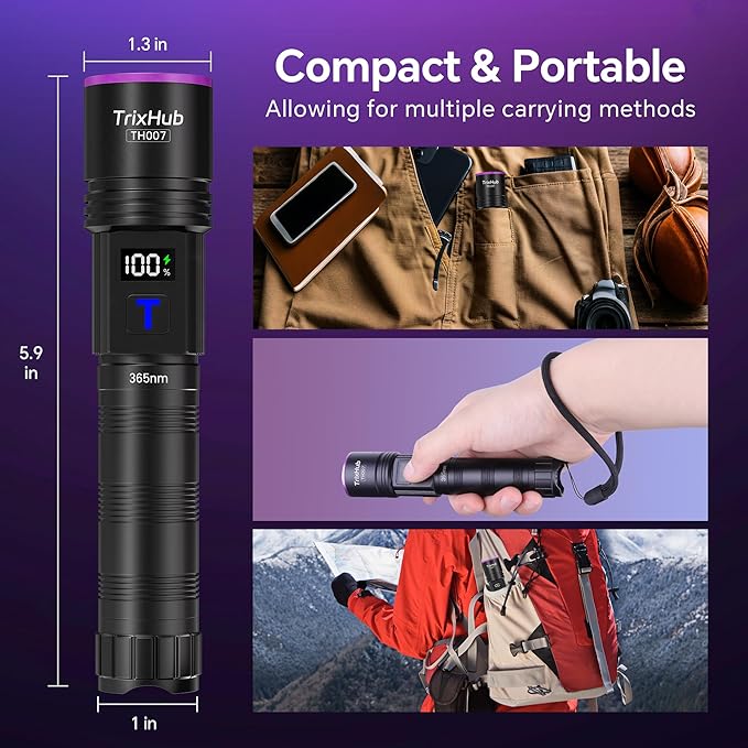 TrixHub 365nm Black Light Flashlight, UV Flashlight Rechargeable with LCD Display, Powerful Ultraviolet Lights for Pet Urine Detection, Resin Curing, Rockhounding, Scorpion, Uranium Glass, A/CLeak