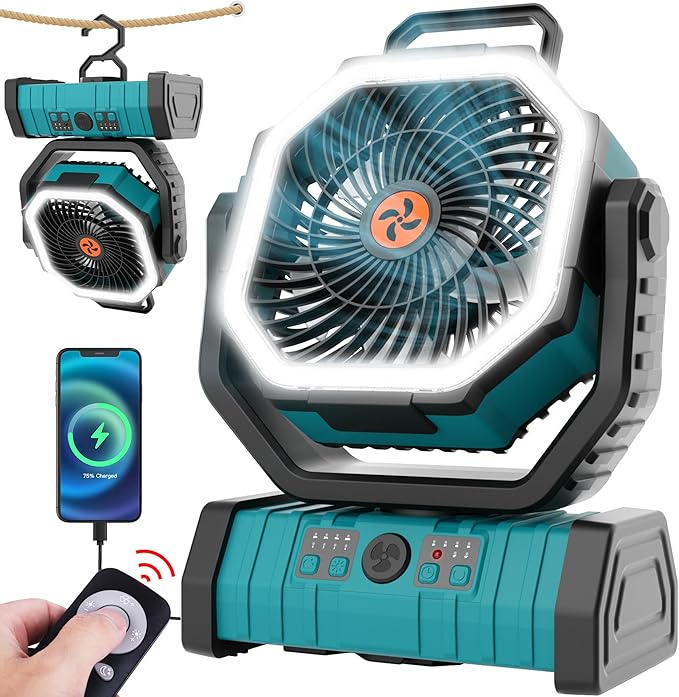 20000mAh Outdoor Camping Fan Battery Operated,Portable Rechargeable Battery Powered Fan with LED Light,360°Oscillating & 8H Timer USB Rechargeable Personal Cordless Travel Fans with Hook F6 Cyan