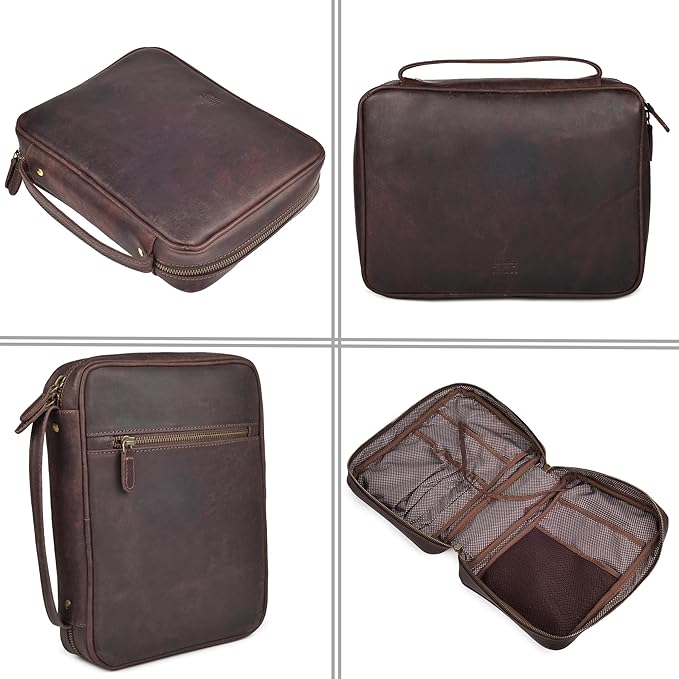 LEATHER VILLAGE Genuine Leather Bible Cover with Zipper for Men & Women - Large Bible Case Carrying Bag Book Cover & Organizer with Handle and Pockets - Leather Bible Covers for Church Study - Cherry