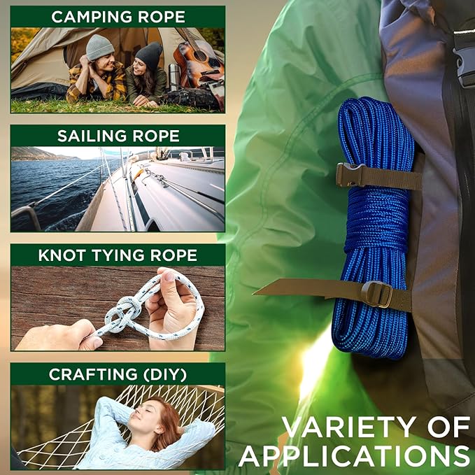 TECEUM Rope – 90 Feet x 3/8 Inch (10mm) – Blue – Strong All-Purpose Utility Rope – Camping, Crafting, Flag Pole, Indoor & Outdoor – Polypropylene Nylon Poly Lightweight Diamond Braided Cord