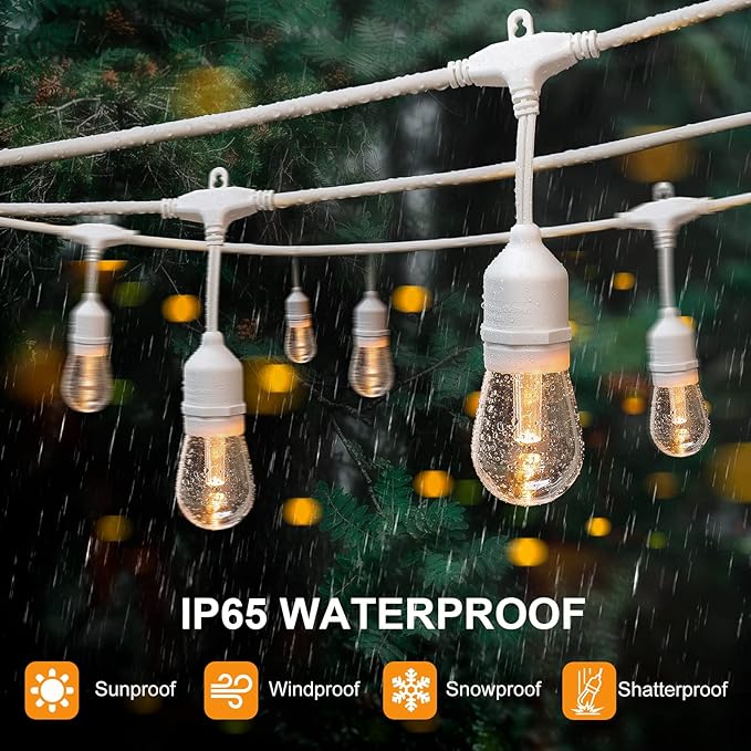 Mlambert 3-Color in 1 Dimmable Solar String Lights Outdoor, 48FT Patio String Lights with Remote and 15+3 Waterproof LED Bulbs for Bistro-White Cord