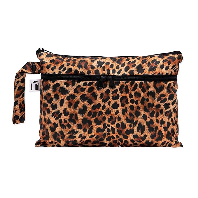 Bumkins Roamio Waterproof Wet Dry Clutch Bag for Baby, Travel, Swim Suit, Cloth Diaper, Pump Part, Pool, Gym Clothes, Beach, Toiletry, Hook to Stroller, Pack for Daycare, Zip Pack Pouch, Leopard Print