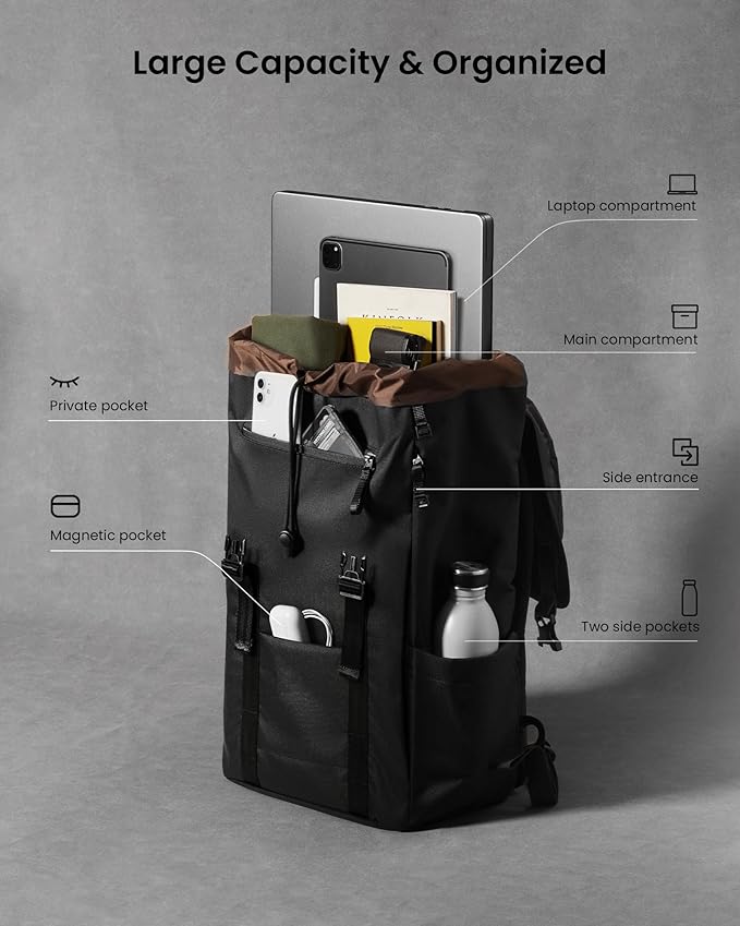 tomtoc Flap Laptop Backpack, Lightweight, Water-Resistant Casual Daypack, Durable Work-pack, Vintage Classic Rucksack for 13-15.6 Inch Laptop, perfect for Campus, Street, 22L, Dark | Lightweight, Water-Resistant, Casual Daypack, Durable Work-pack, perf...