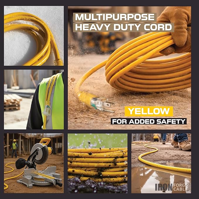 Iron Forge Cable 75 Foot Lighted Outdoor Extension Cord - 12/3 SJTW Heavy Duty Yellow Extension Cable with 3 Prong 15 AMP Grounded Plug for Safety