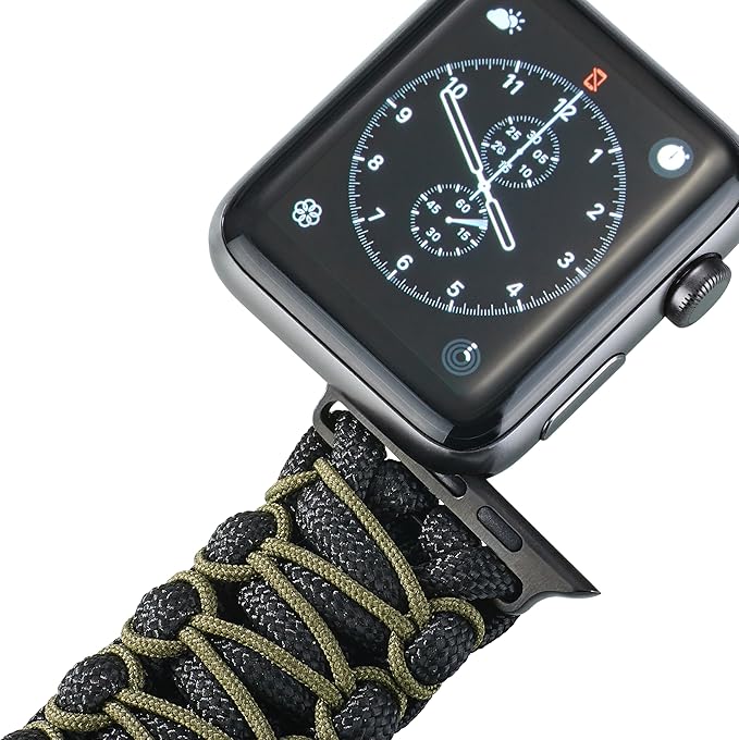Savior Survival Gear Paracord Watch Band - Compatible with Apple Watch Band 49mm 46mm 45mm 44mm 42mm - iWatch Band Series Ultra 10 9 8 7 6 5 4 3 2 1 SE – Adjustable strap for men (Black-Green, Large)