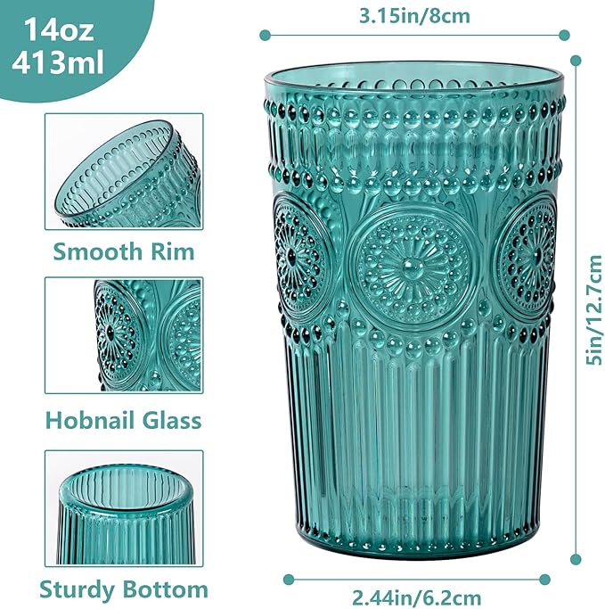 Ciaell 12 Pack Romantic Plastic Water Glasses - 14 Oz Green Vintage Drinking Glasses, Embossed Ribbed Plastic Cups, Textured Striped Set for Juice, Beverages, Beer, Cocktail，St. Patrick's Day
