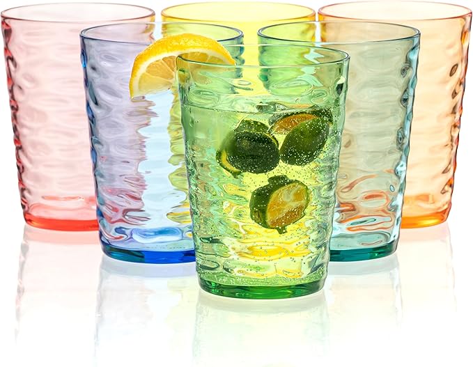 14-ounce Plastic Tumblers, Acrylic Drinking Glasses, set of 6 Multicolor Reusable Plastic Cups, Stackable, BPA-Free, Shatter-Proof, Dishwasher-Safe