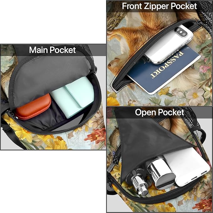 FyLybois Squirrel Sling Bag for Women Lightweight Crossbody Backpack Casual Daypack with Adjustable Strap for Travel Work Hiking Everyday Use