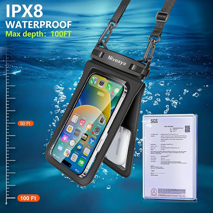 Niveaya Double Space Waterproof Phone Pouch - 2 Pack, Waterproof Phone Lanyard Case with iPhone 17/16/15/14/13 Pro Max up to 8.3", Phone Dry Bags for Vacation Beach Pool Kayak Cruise Travel Essentials