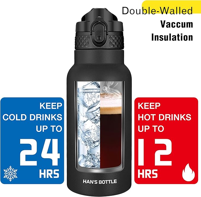 Han's Bottle Kids Water Bottle with Straw Lid - Insulated Stainless Steel Reusable Tumbler for Girls,Boys,Thermo Mug,17oz,Black