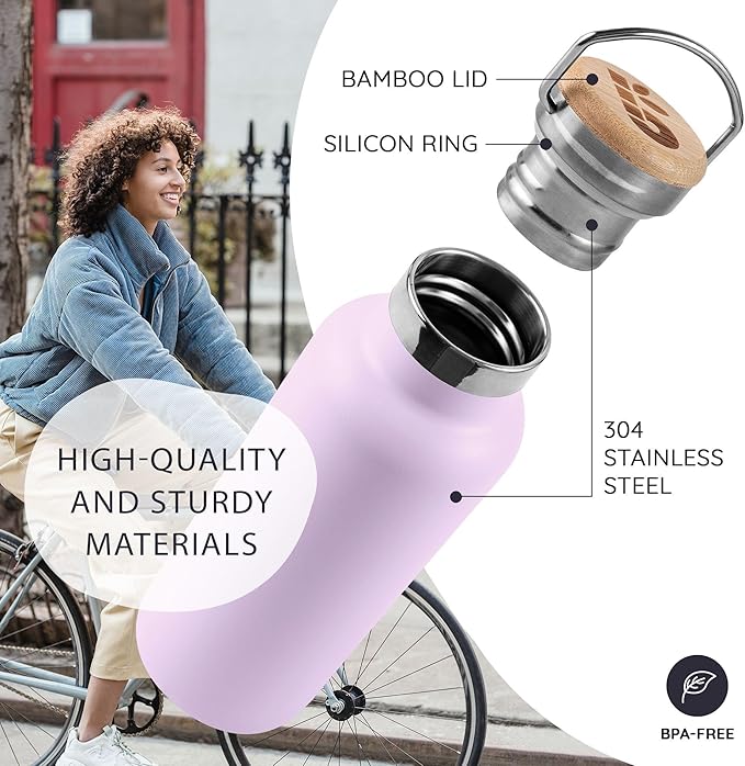 Bambaw Insulated Water Bottle 16 oz, Stainless Steel Water Bottle for Hot & Cold Drinks, Leak-Proof, Great for Travel, Work & School, Durable, Reusable & Rust-Resistant (Lavender Haze)