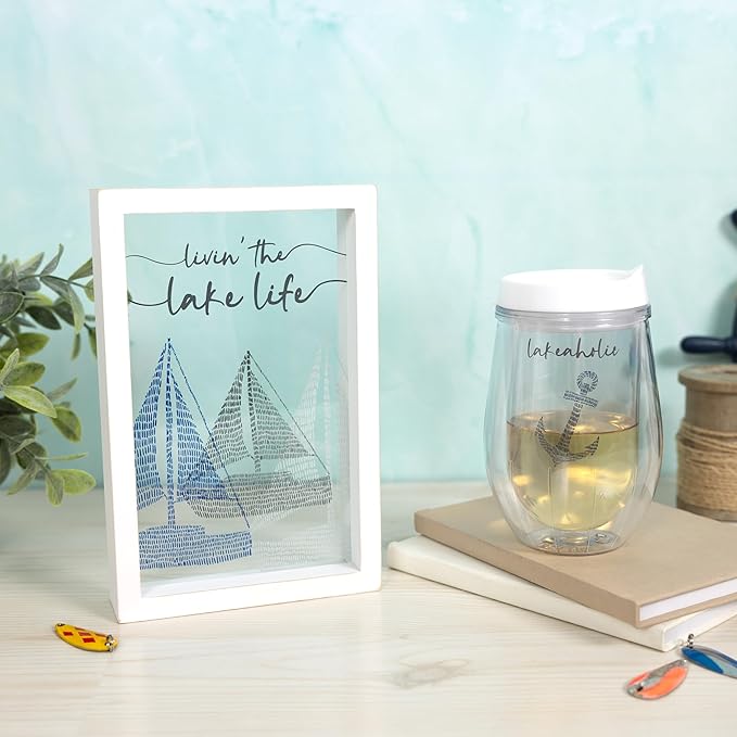 Pavilion Gift Company - Lakeaholic - 12 oz Wine Glass With Lid Wine Lover Kitchenware Lake Lover Lakefront Waterfront Outdoors Anchor Nautical Drinkware