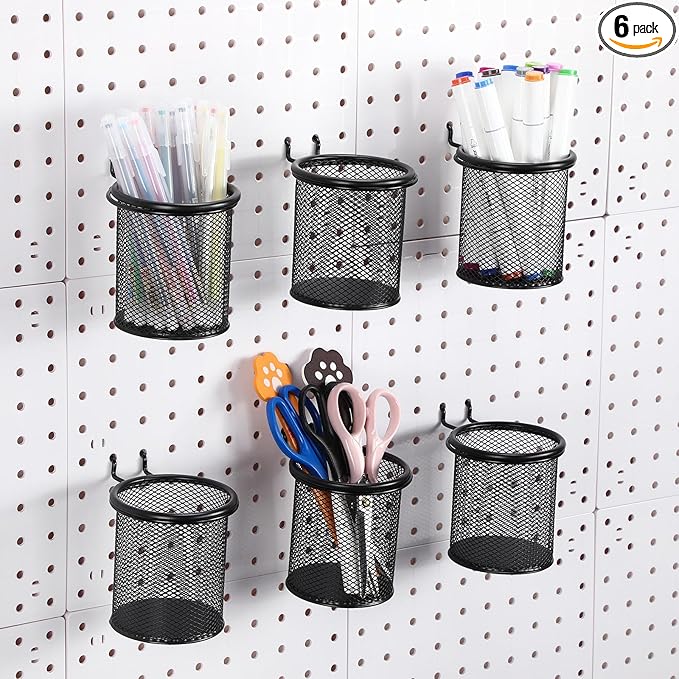Spakon 6 Sets Pegboard Cups with Ring Hook, Peg Board Baskets Bin Holder Organizer Accessories Pegboard Pencil Cup Multipurpose Metal Pen Holder for Office Garage(Black,2.95x2.95x3.74'',Straight)