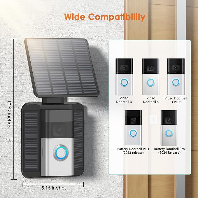 Doorbell Solar Charger Compatible for Ring Video Doorbell 3/3 Plus/4/Battery Doorbell Plus/Battery Doorbell Pro(2-Prong Port), QIBOX 2.9W Adjustable Efficient Solar Panel Mount for Doorbell Camera