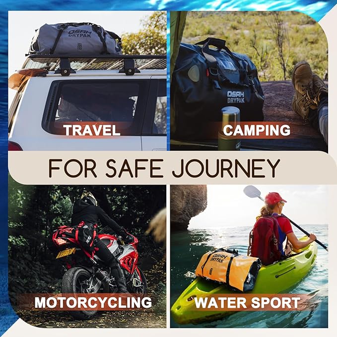 OSAH DRYPAK Waterproof Duffel Bag - Motorcycle Dry Bag Tail Bag with Large Storage Space, Waterproof Luggage Duffle Bags with Outer Mesh Zipper Pocket for Camping, Kayaking, Fishing & Traveling
