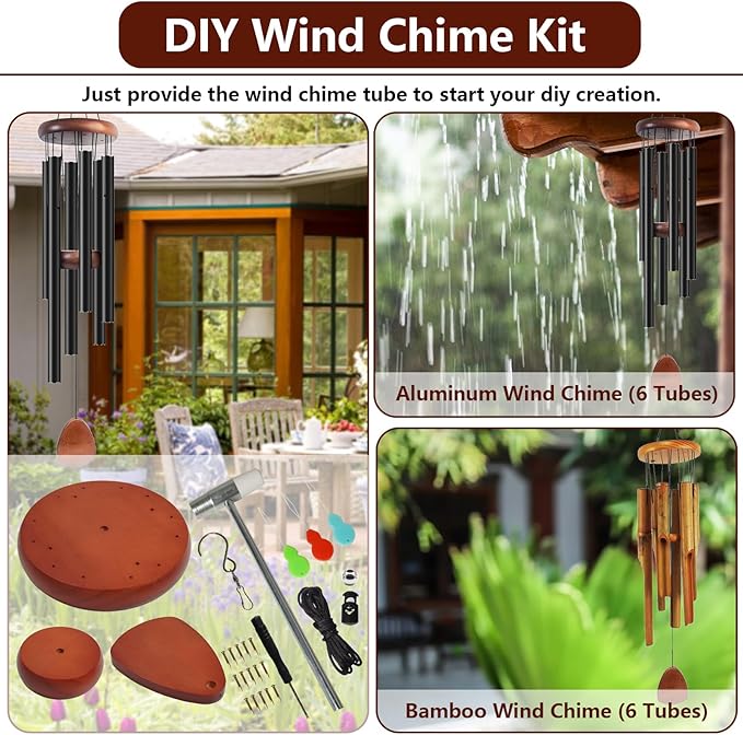 Wind Chime Replacement Parts, 28 PCS Windchime Repair Kit Including Round Top, Clapper, Wind Catcher, 19.6FT Nylon Cord, DIY Wind Chime Supplies (Light Brown)