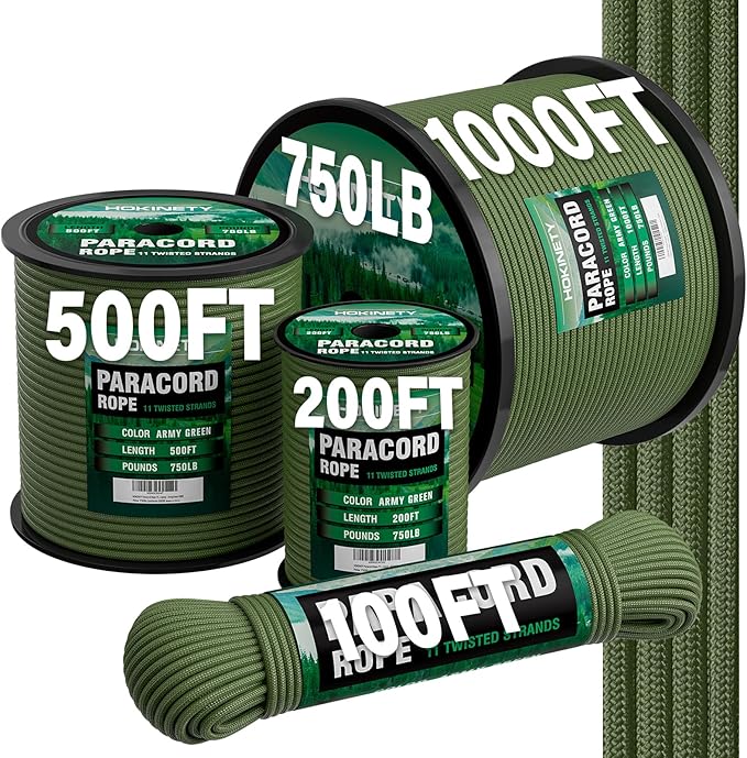 Paracord Rope 750 - Parachute para Cord 4mm 11 Strand Spool Rope Utility Nylon String for Outdoor Camping Survival Utility Tent Crafting DIY Projects - ArmyGreen 500ft
