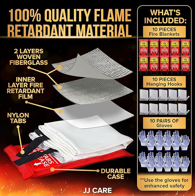 JJ CARE Fire Blanket – 10 Packs with Hooks and Gloves – 40” x 40” Fire Blankets Emergency for Home and Kitchen, High Heat Resistant and Flame Protection for Kitchen, Car, Office, Camping & Home Safety