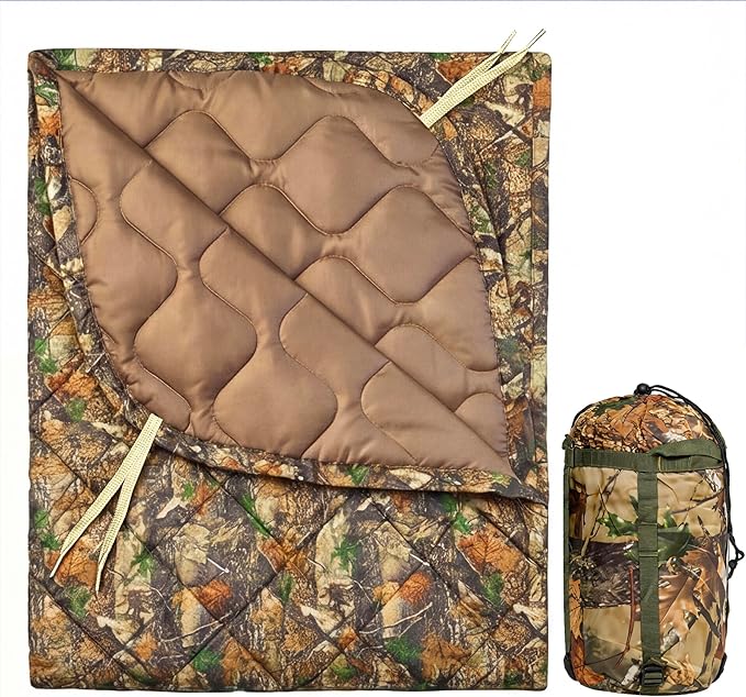Insulated Camping Blanket | Military Poncho Liner for Hiking Backpacking Travel Hunting & Survival Gear, Water Resistant Outdoor Blanket with Lightweight & Packable Compression Bag(Leaf)