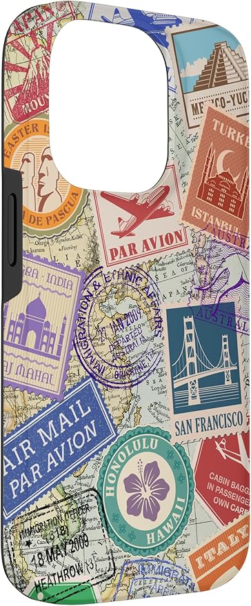World Map Travel Passport Stamps Postage Stamp Case for iPhone 14 Pro