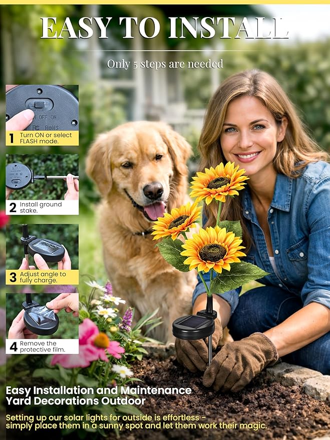 GIGALUMI Solar Garden Lights Artificial Sunflowers, LED Garden Decor Carefree Sunflower Solar Lights Outdoor Yard Decorations Outdoor, Everlasting Sunflower Decor Gift for Yard Patio (Set of 4)