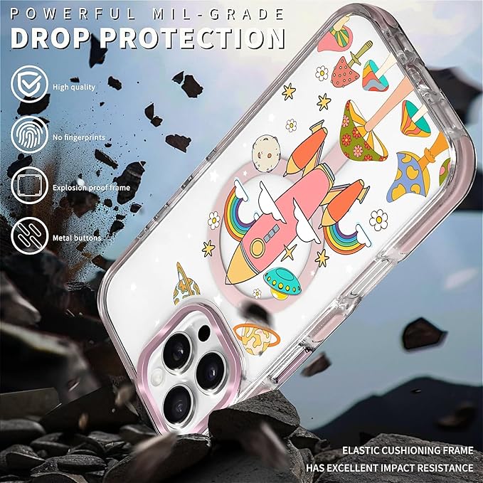 Case for iPhone 16 Pro,[Compatible with MagSafe],Spaceship Mushroom Phone Case Design，for Women Girls Magnetic Clear Cover - Slim, Sleek, & Shockproof Protection