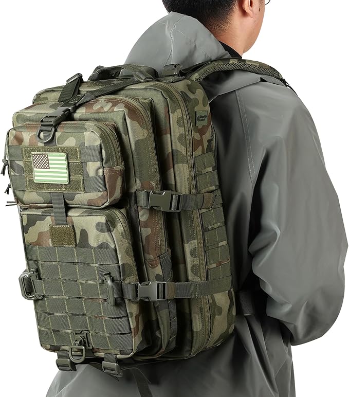 Hannibal Tactical MOLLE Assault Backpack, Tactical Backpack Military Army Camping Rucksack, 3-Day Pack Trip w/USA Flag Patch, D-Rings, Polish Camo