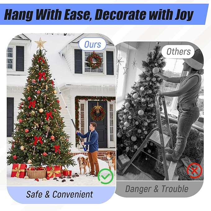 7-36 ft Telescopic Extension Pole with Utility Hook, Multi-Purpose Aluminum Pole for Painting, Dusting and New Year Window Cleaning Christmas Lights Installation Without a Ladder (Blue)