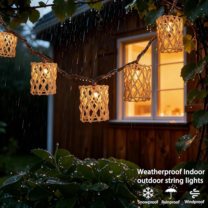Decorative String Lights Plug in with 10 Incandescent Bulbs, Handwoven Rattan Cylinder-shaped Boho Lantern String Lights Connectable Weatherproof Outdoor Indoor for Bedroom Patio Pergola Decor (Beige)