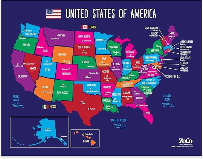 ZOCO – United States Map with Capitals Poster – Laminated 17x22 – Educational USA Wall Chart for Kids – North America Geography, Social Studies Classroom Decor
