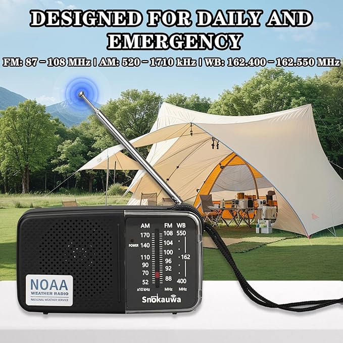 Portable AM FM Transistor Radio Battery Operated, NOAA Weather Radio with Loud Speaker, Headphone Jack, 2 AA Batteries, Excellent Reception, for Everyday Carry Essential, Travel, Storms