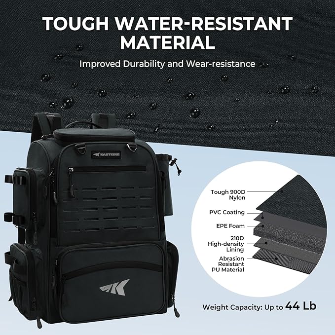 KastKing Bait Boss Fishing Tackle Backpack with Rod Holders-4 Tackle Boxes-Rain Cover,45/43L Large Storage for Fishing Gear