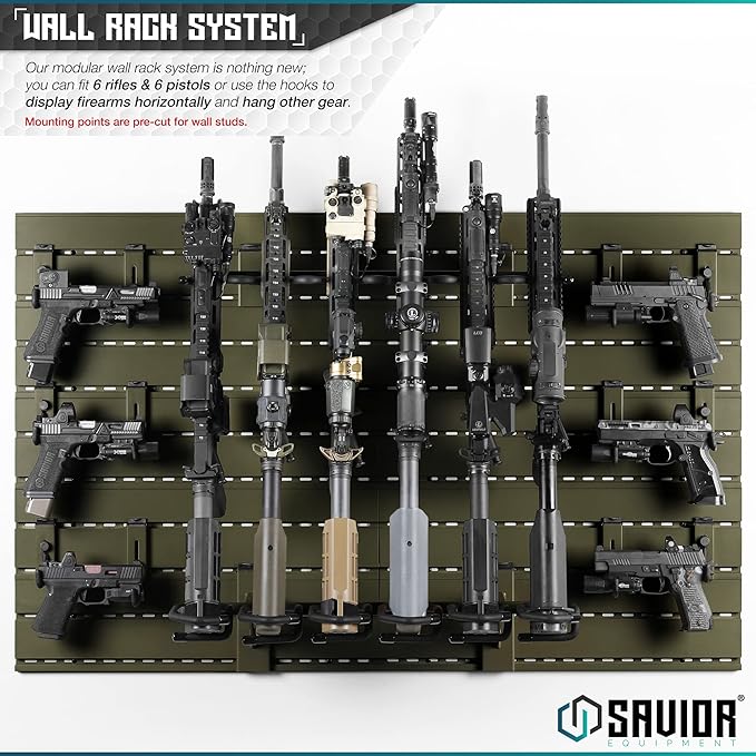 Savior Equipment Wall Rack System Heavy-Duty Steel Tactical Rifle Carbine Shotgun Handgun Storage Wall Mount, Modular Firearms Gun Wall Gear Accessories Organizer, Holds up to 6 Rifles & 6 Pistols