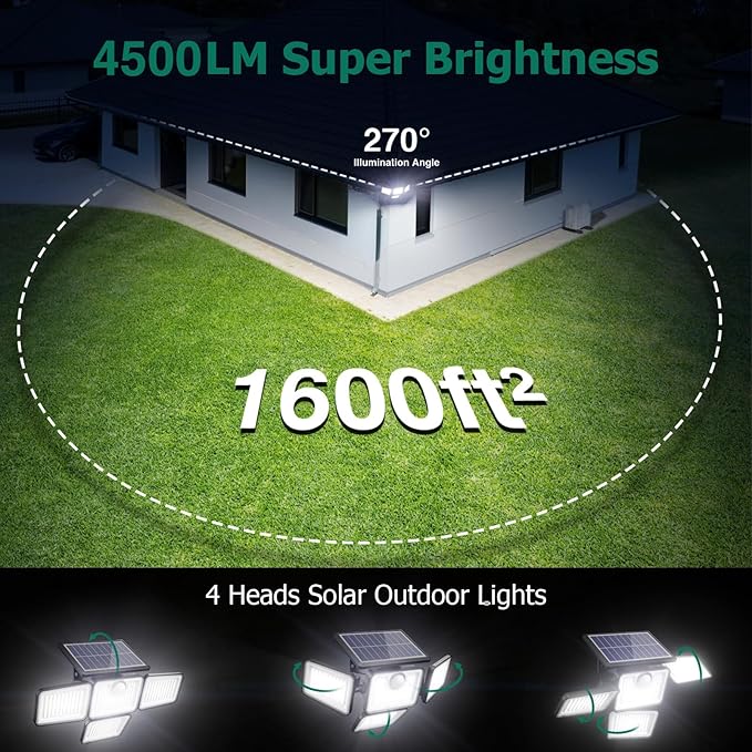 4500LM Solar Lights Outdoor, 4 Adjustable Heads Motion Sensor Lights, 3 Modes, 6500K, IP65 Waterproof Solar Security Wall Lights, Remote Control Flood Lights, Garden, Outside, Backyard, 1 Pack