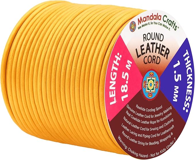 Mandala Crafts Round Genuine Gold Leather Cord for Jewelry Making – 1.5mm Cowhide Leather Rope String Lace for Kumihimo – 20 Yards Cowhide Craft Cording Spool
