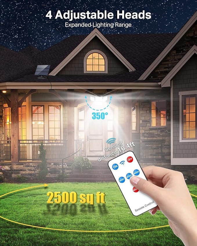 CLAONER Solar Outdoor Lights Motion Sensor 3500LM 288 LED Solar Security Lights with Remote Control IP67 Waterproof 4 Heads Flood Lights with 16.4ft Cable 4 Modes Wall Lights(6 Pack)
