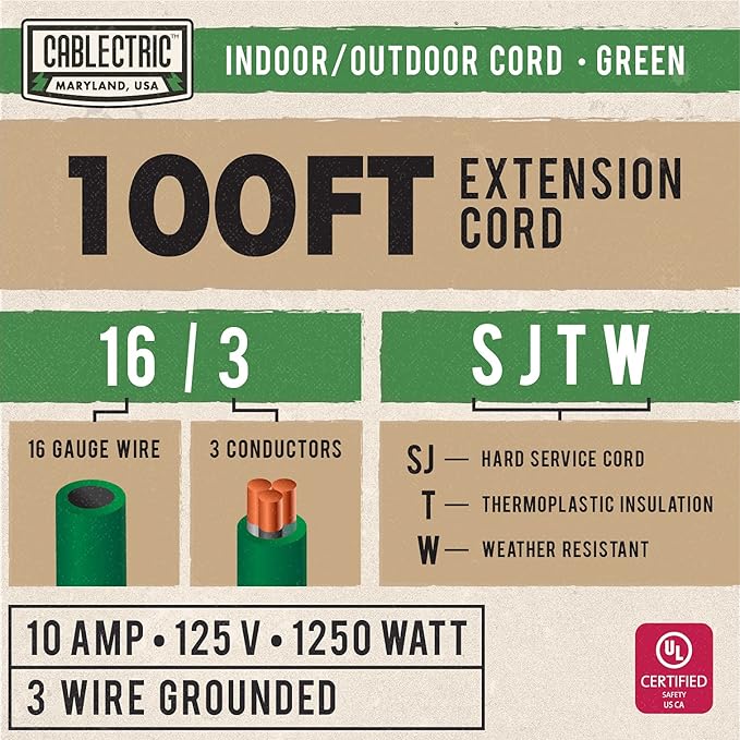 100 Foot Outdoor Extension Cord - 16/3 SJTW Green 16 Gauge Electrical Cable with 3 Prong Grounded Plug