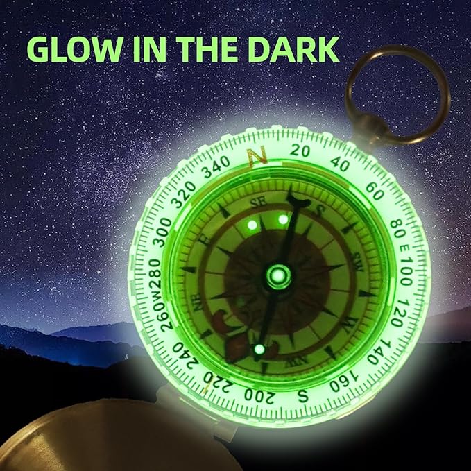 Brass Pocket Compass with Luminous Dial, Golden Vintage Pocket Watch Style Compass, Sports Waterproof Navigation Maganetic Compass with Key Ring for Outdoors Camping Hiking Survival