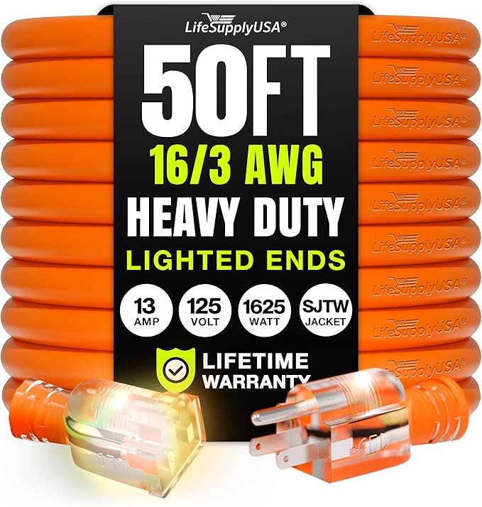 50ft Outdoor/Indoor Extension Cord 16/3 Gauge Heavy Duty 3 Prong SJTW, Waterproof, Flexible Cold-Resistant Long Power Cord,13A 125V 1625W, Orange by LifeSupplyUSA