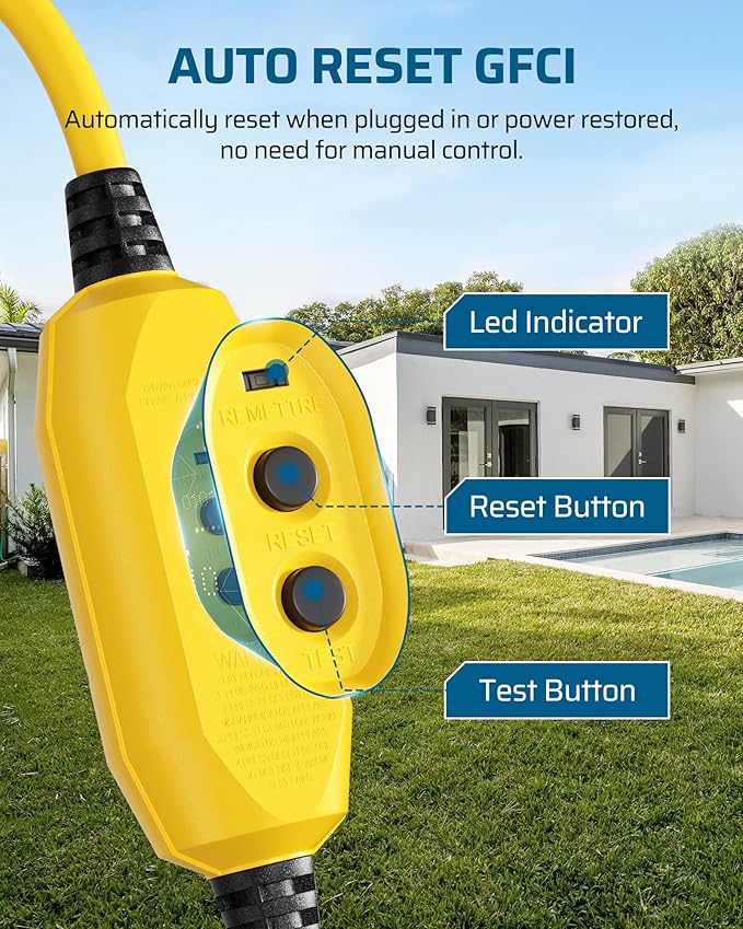 DEWENWILS 3Ft Automatic GFCI Extension Cord Outdoor, 12/3 SJTW Heavy Duty Extension Cord, Power Cord with LED Lighted 3 Prong Plug, 15A/125V/1875W, Yellow, UL Listed